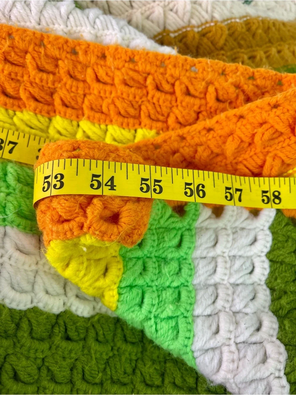 Vintage Handmade Striped Crochet Afghan in Greens, Yellow, Brown, White & Orange